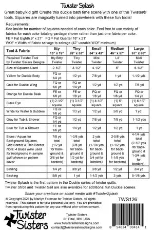 Quilt pattern sheet with size chart and tool instructions for Twister Splash