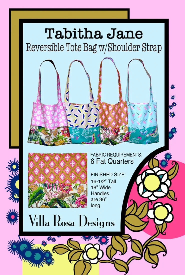 Reversible tote bag with shoulder strap, shown in multiple colorful fabric patterns