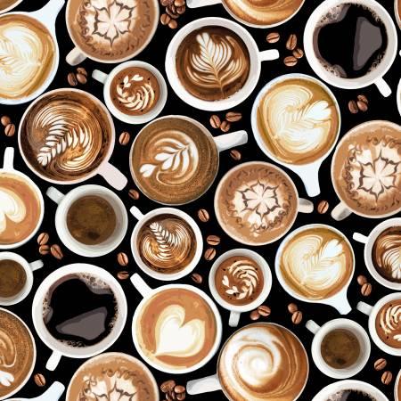 Coffee-themed fabric with cups and latte art in tan and black squares
