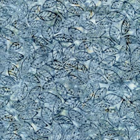 Batik fabric with blue stormy sea leaf pattern, scattered harbor foliage motifs