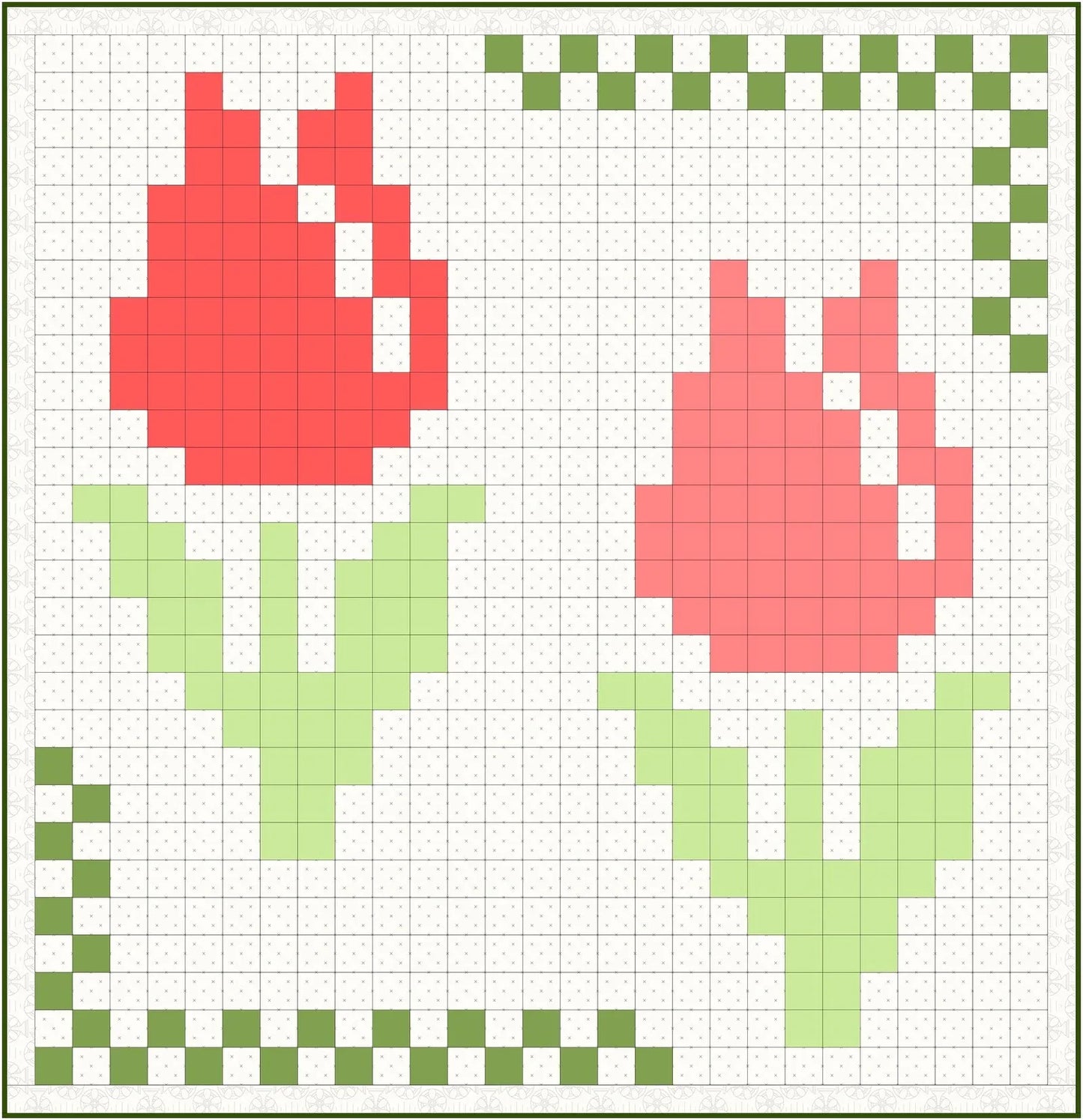 Tulip quilt grid pattern with red and pink flowers and green leaves