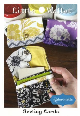 Little Wallet sewing cards set with patterned fabric pieces and Valori Wells logo