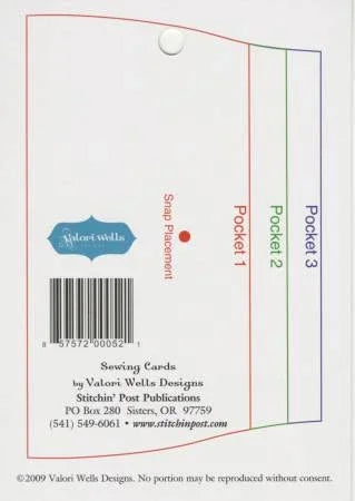 Sewing pattern card for a little wallet with pocket notes and Valori Wells branding