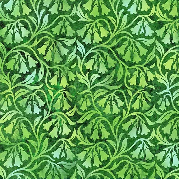 Green and lime leaf print fabric with repeating vine pattern