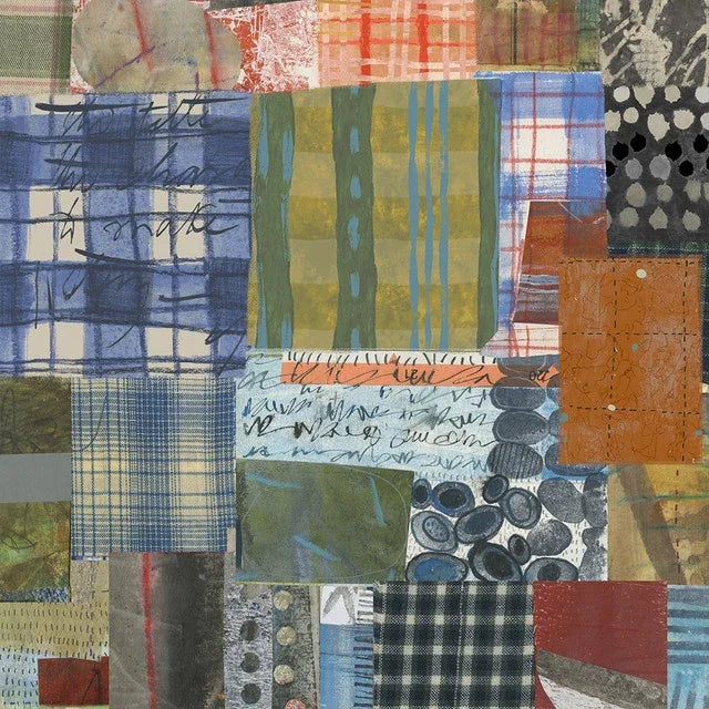 Multi-pattern fabric squares collage with blue, green, orange, and black designs