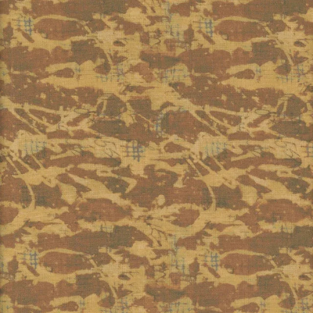 Cotton fabric swatch with abstract Dijon and brown camouflage-like pattern