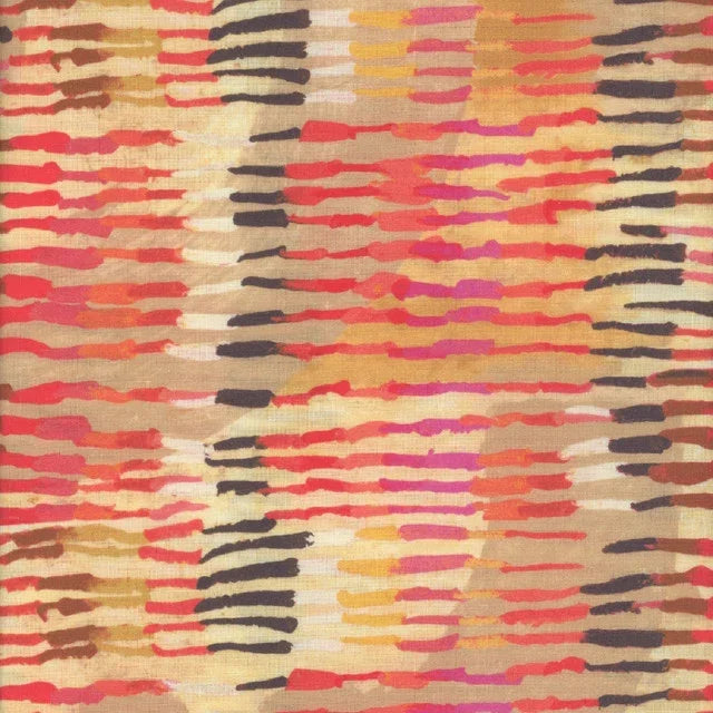 Printed fabric swatch with abstract brushstroke stripes in red, pink, tan, and dark gray.