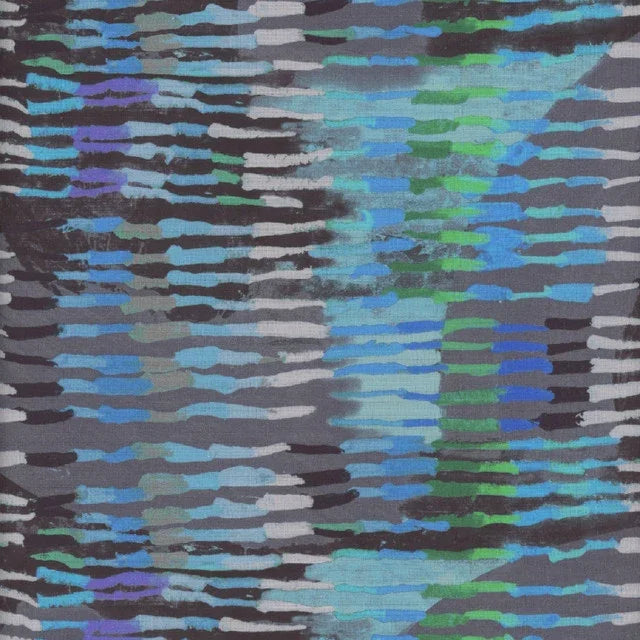 Abstract feather-like pattern fabric with blue, green, and dark gray stripes