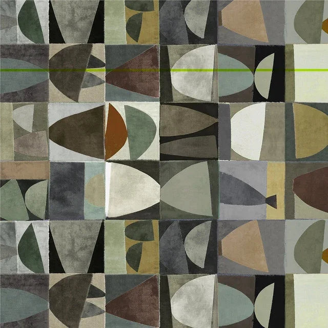 Geometric patchwork fabric squares in green, gray, tan, and black