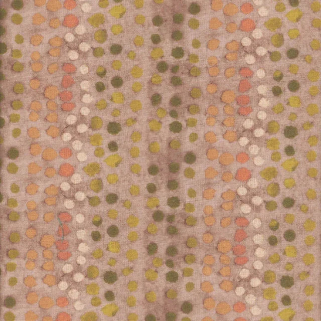 Cotton fabric swatch with multicolor dot pattern on light tan