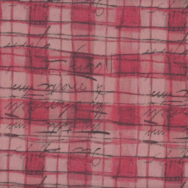 Red plaid fabric with scattered sketch line drawings