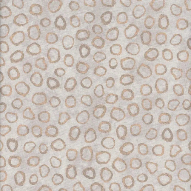 Light tan patterned fabric with repeating oval ring motifs in pale brown