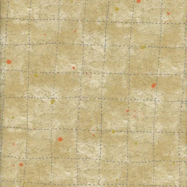 Beige fabric with subtle grid lines and small multicolor speckle dots