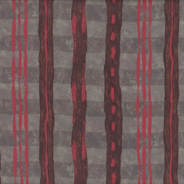 Vertical ribbon stripe fabric in dark gray with red and maroon streaks