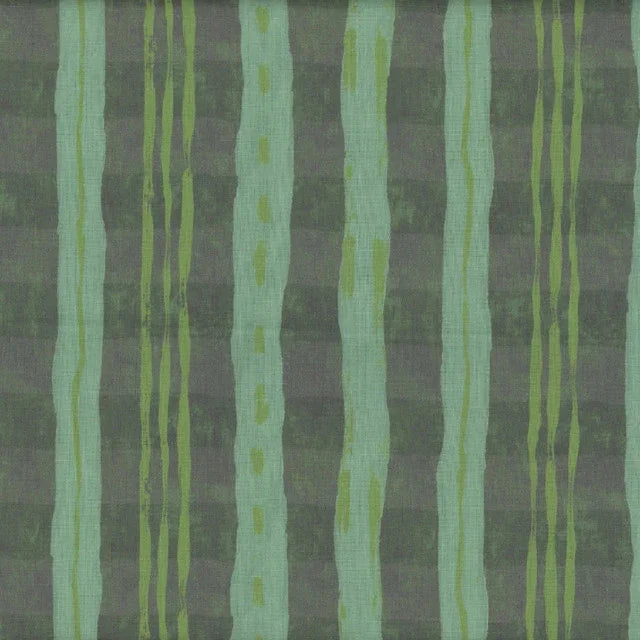 Cotton fabric swatch with vertical ribbon print in green and gray