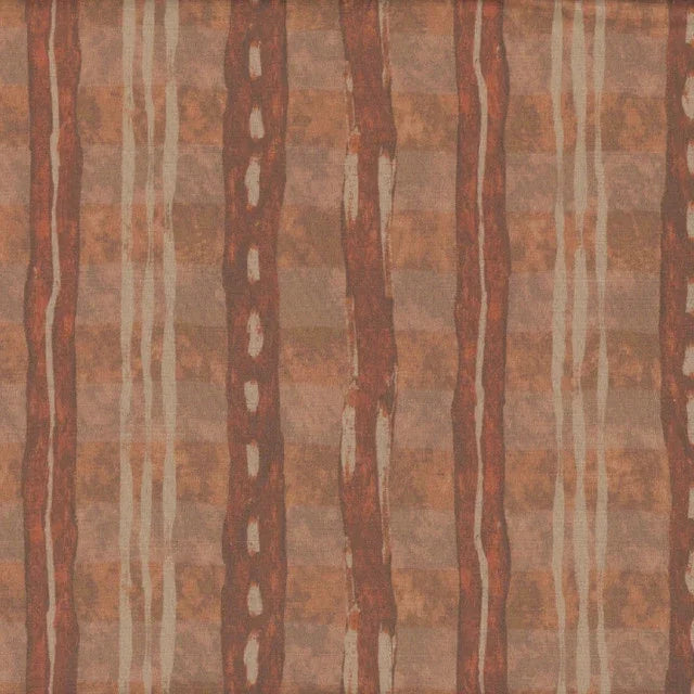 Abstract patchwork fabric with vertical warm-toned stripes and mottled marks