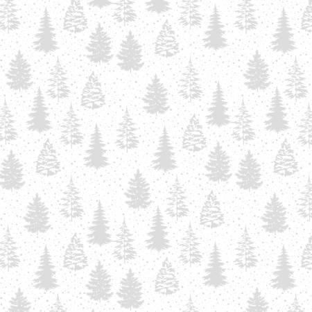 White-on-white fabric print with fir trees and snowflakes in light gray