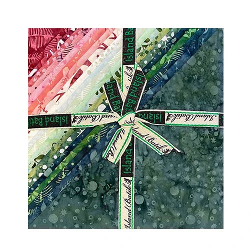10-inch fabric stack bundle with assorted batik prints, ribbon ties in circular layout