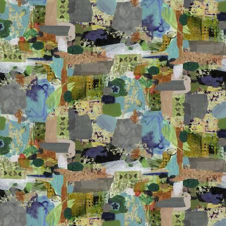 Multi-color abstract collage fabric with layered geometric shapes and speckled accents