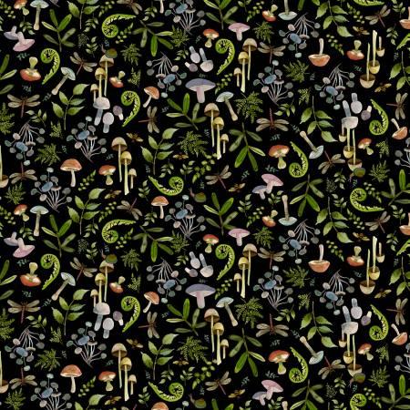 Forest floor fabric with mushrooms and ferns pattern on dark background