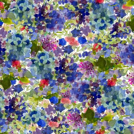 Multicolor hydrangea floral fabric with blue, green, pink and purple blooms