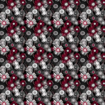 Black fabric with red and white crazy daisy floral pattern