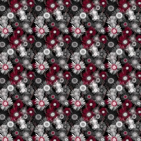 Black fabric with red and white crazy daisy floral pattern