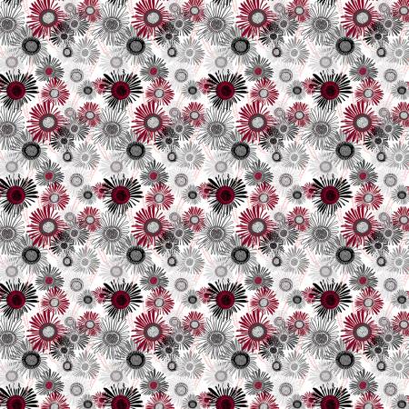 Multi-color crazy daisy fabric with red, white, black and gray floral circles