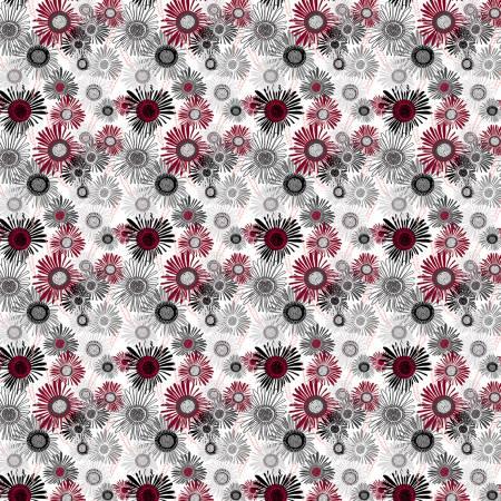 Multi-color crazy daisy fabric with red, white, black and gray floral circles