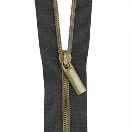 Nylon coil zipper with antique brass pull, closed