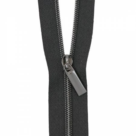 Nylon coil zipper with gunmetal pulls and metal tab, dark black tape