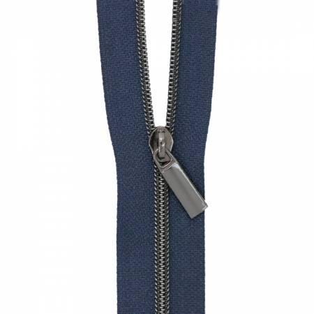 Navy coil zipper with gunmetal metal pull and stitched zipper tape