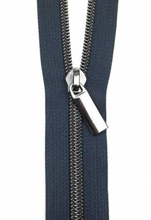 Navy coil zipper with gunmetal metal pull tab and slider, double-sided