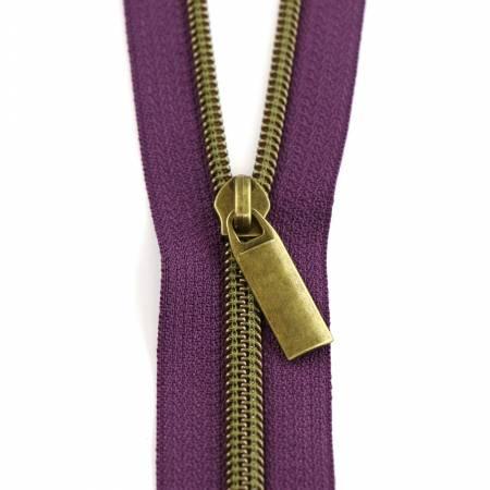 Purple nylon antique coil zipper with brass pull tab