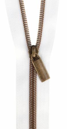 Antique coil zipper pair with metal pull tab, dark brown tape