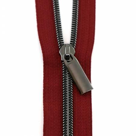 Nylon coil zipper tape with metal pull, burgundy and gunmetal