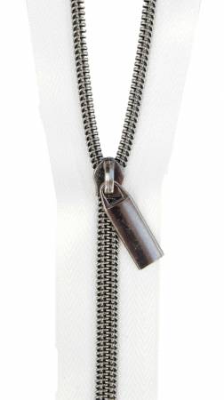 White #5 Nylon Gunmetal Coil Zippers: 3 Yards with 9 Pulls # ZBY5C5 from Sallie Tomato