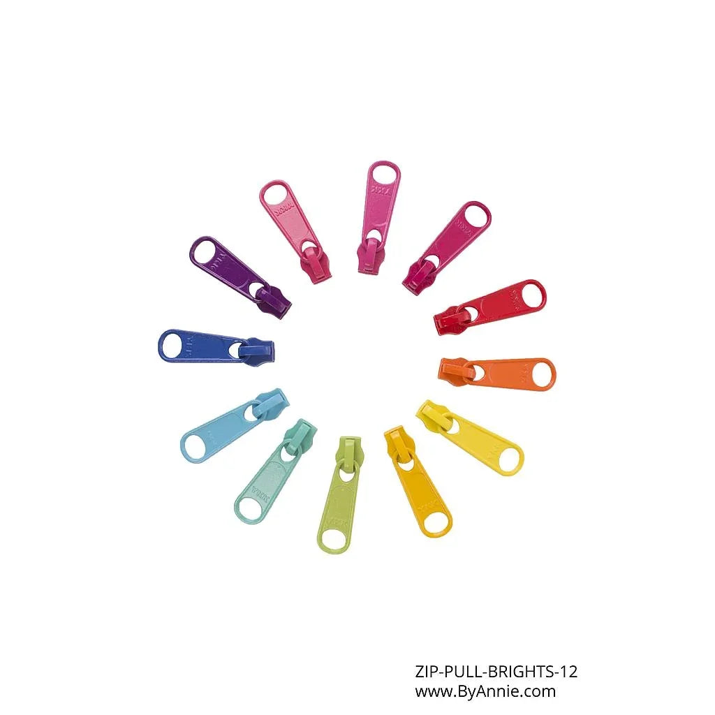 Bright color zipper pull set, 12 plastic loop handles with metal clips
