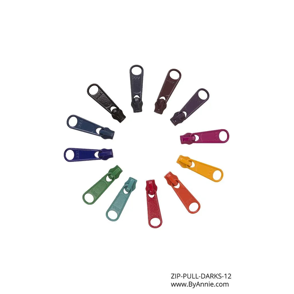 Set of dark zipper pull tabs with loops and metal ends