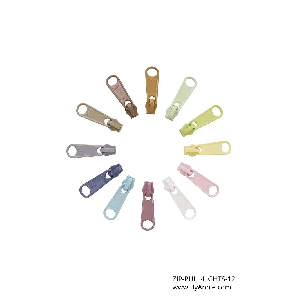 Assorted zipper pull set with 12 decorative loops in light colors for bags and jackets