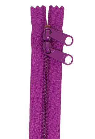 Purple handbag zipper with two pull rings and zipper teeth