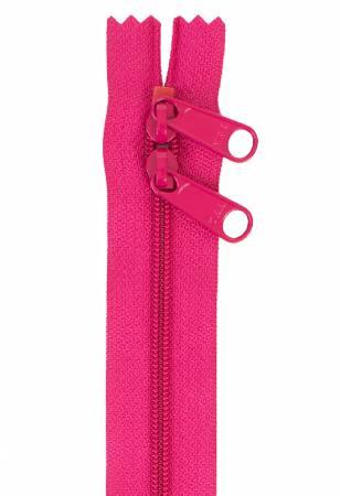 Fuchsia handbag zipper with two metal ring pulls and zipper tape