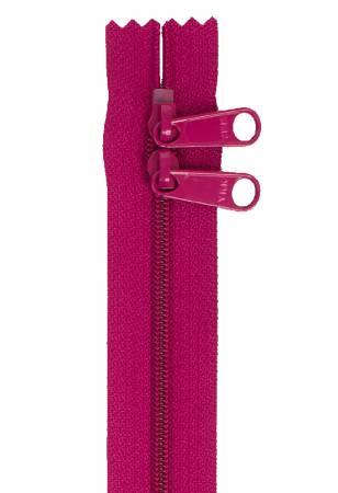 Wild plum double-slide zipper with two ring pulls and metal teeth