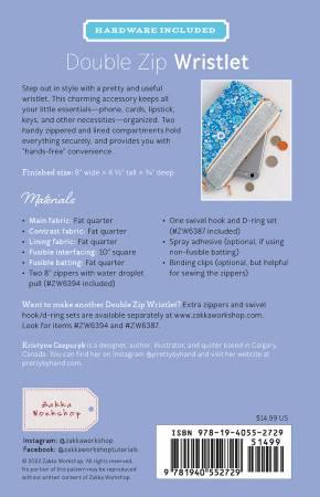 Double zip wristlet kit card showing blue floral wristlet and hardware included