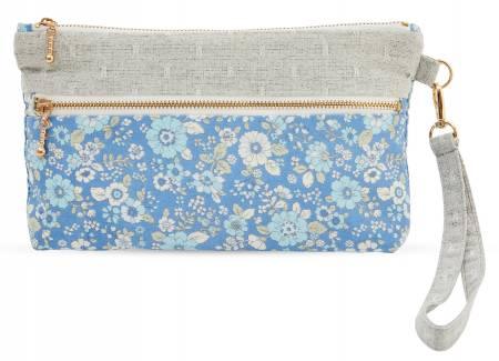 Double zip wristlet pouch, blue floral with light gray zipper and wrist strap