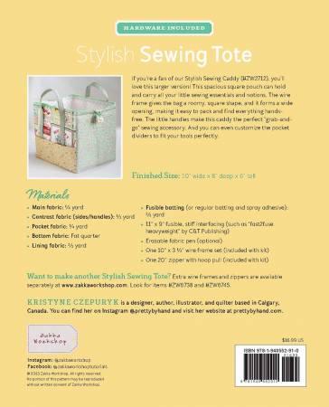 Patchwork sewing tote bag with floral panels and zip top, styled with ribbon handles.
