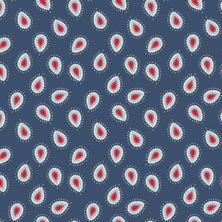 Navy cotton fabric with red and white teardrop paisley repeat pattern