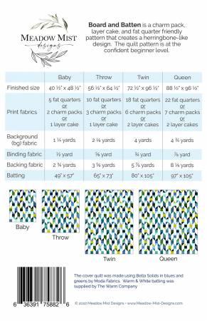 Quilt pattern pack with finished-size chart and fabric yardage guide