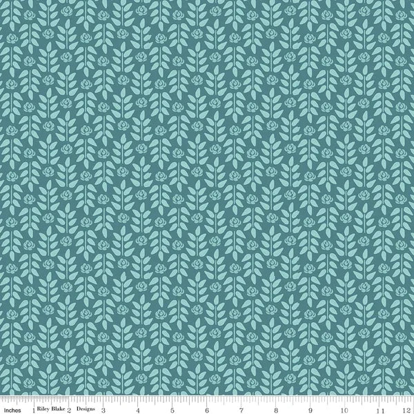 Teal floral leaf fabric with small blossoms and scattered stems, continuous yardage