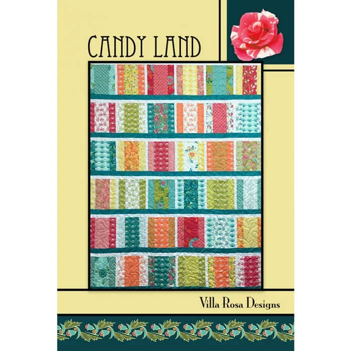 Quilt pattern cover with colorful patchwork strip rows, Candy Land theme, Villa Rosa Designs